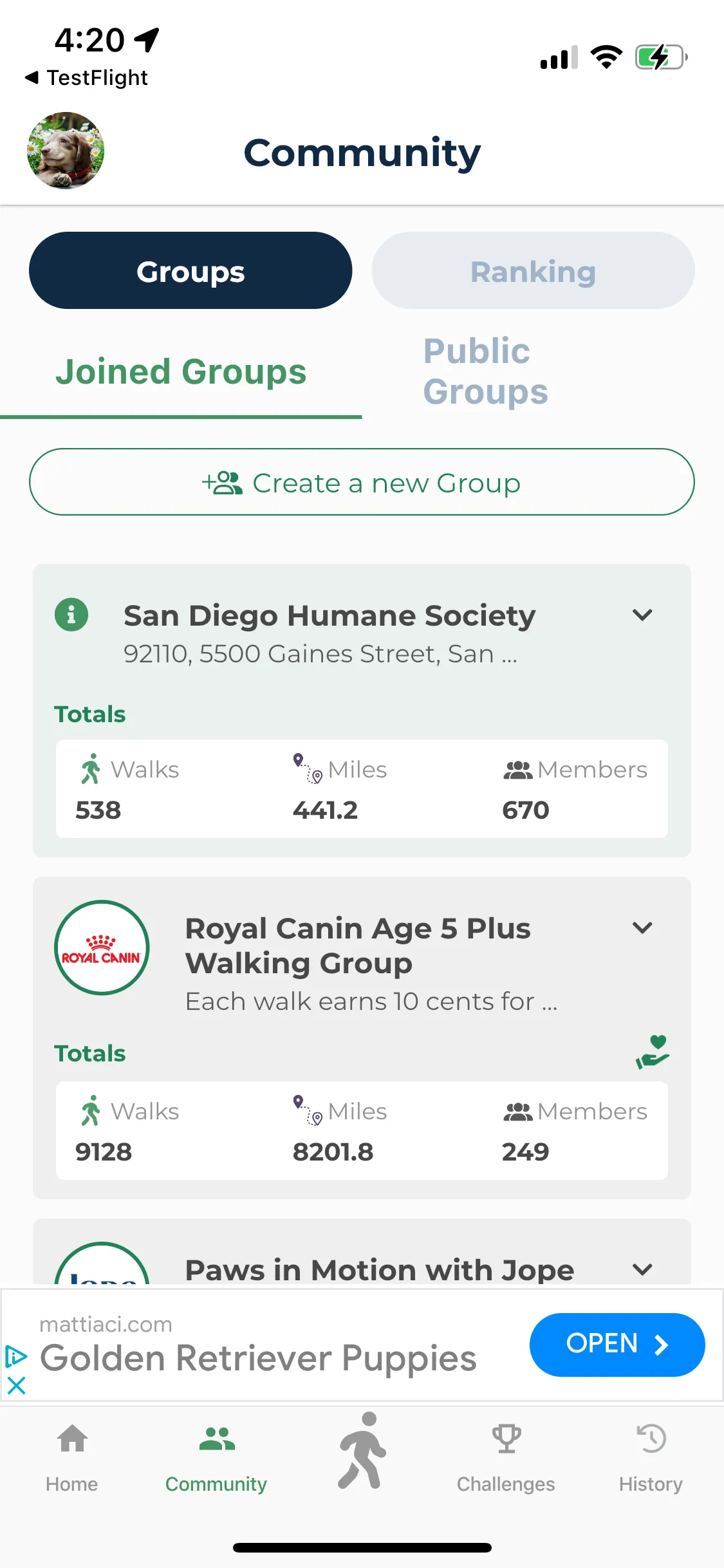 Screenshot of the Community section of the WoofTrax app where users can join various walking groups